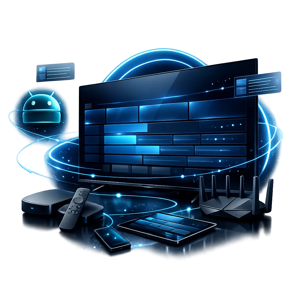 Android TV IPTV Setup Guide Android TV box, television and remote controls prepared for IPTV setup