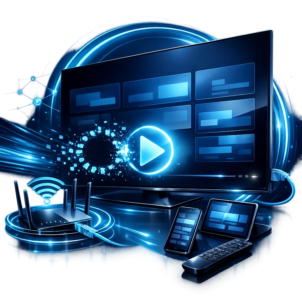 Fix IPTV Buffering Guide Smart TV, router and connected devices illustrating IPTV buffering troubleshooting