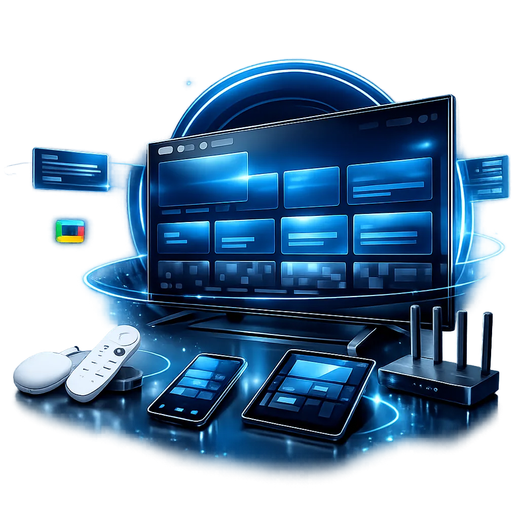 Google TV Setup Guide Overview Google TV setup guide artwork with a television, remote, phone and router