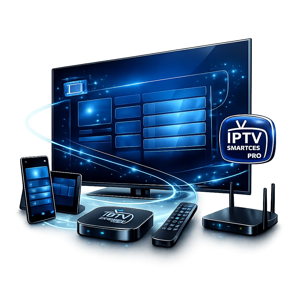 IPTV Smarters Pro Setup Guide Television, streaming box and phone displaying IPTV Smarters Pro setup