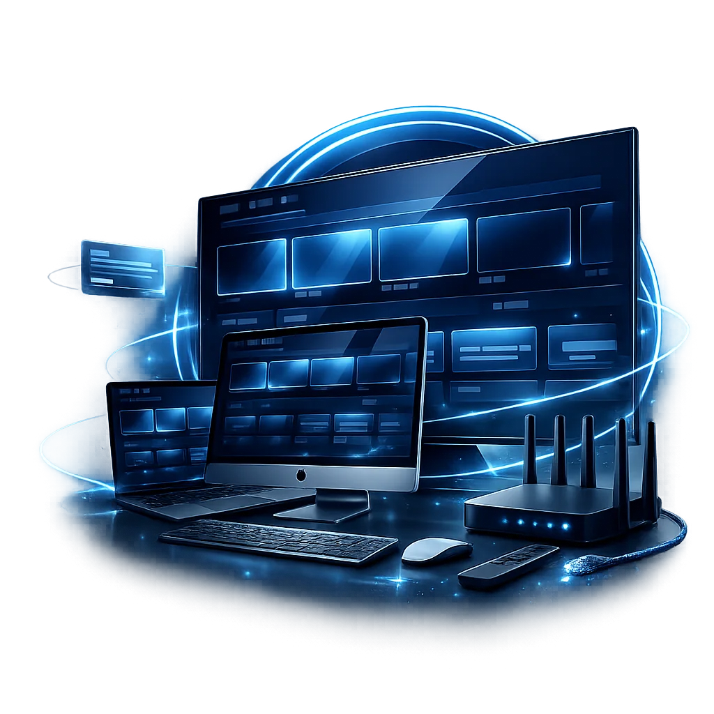 Mac IPTV Setup Guide Mac desktop, laptop and television screens connected for IPTV setup