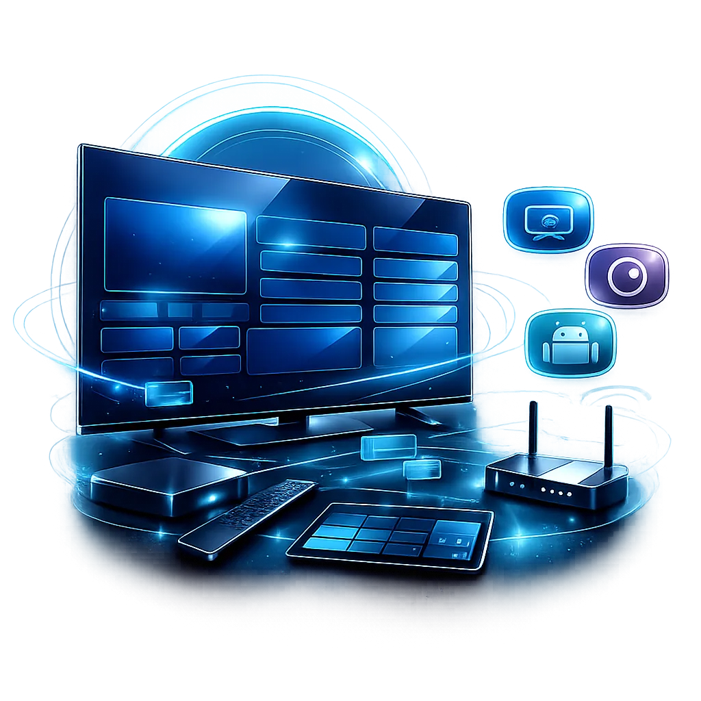 Smart TV IPTV Setup Guide Smart TV with streaming devices and app icons for IPTV installation
