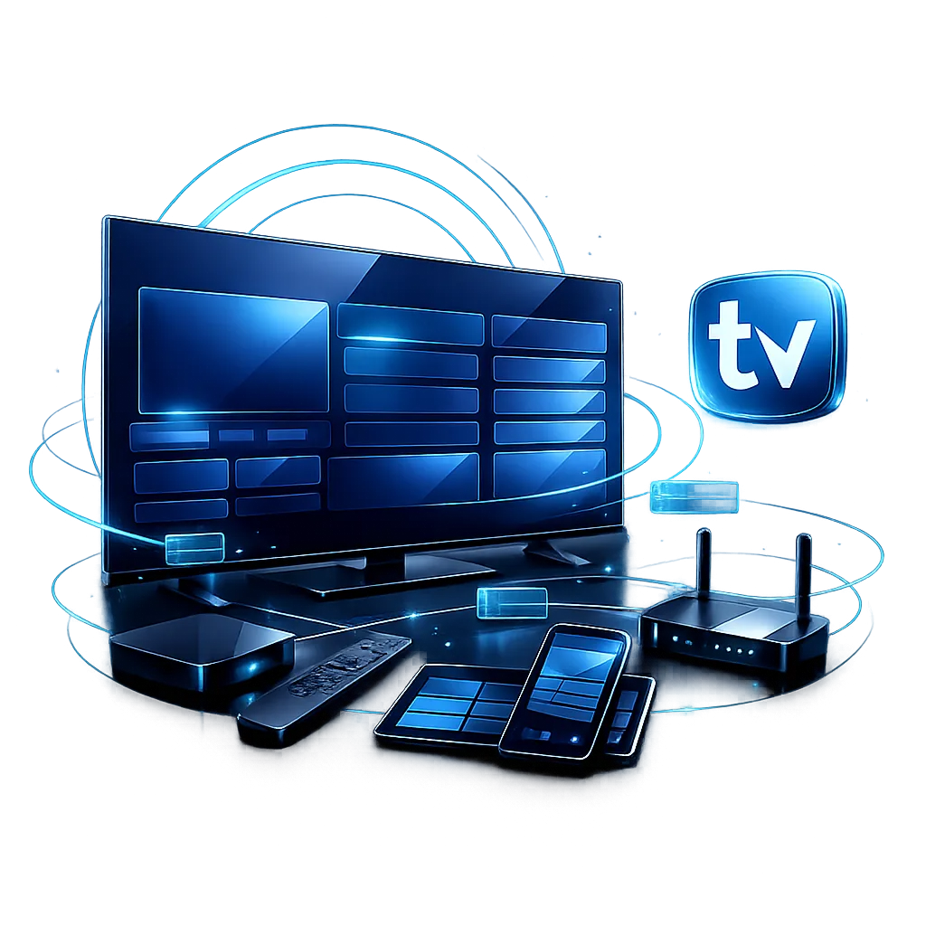 TiviMate IPTV Player Guide Television and streaming devices illustrating the TiviMate IPTV player guide