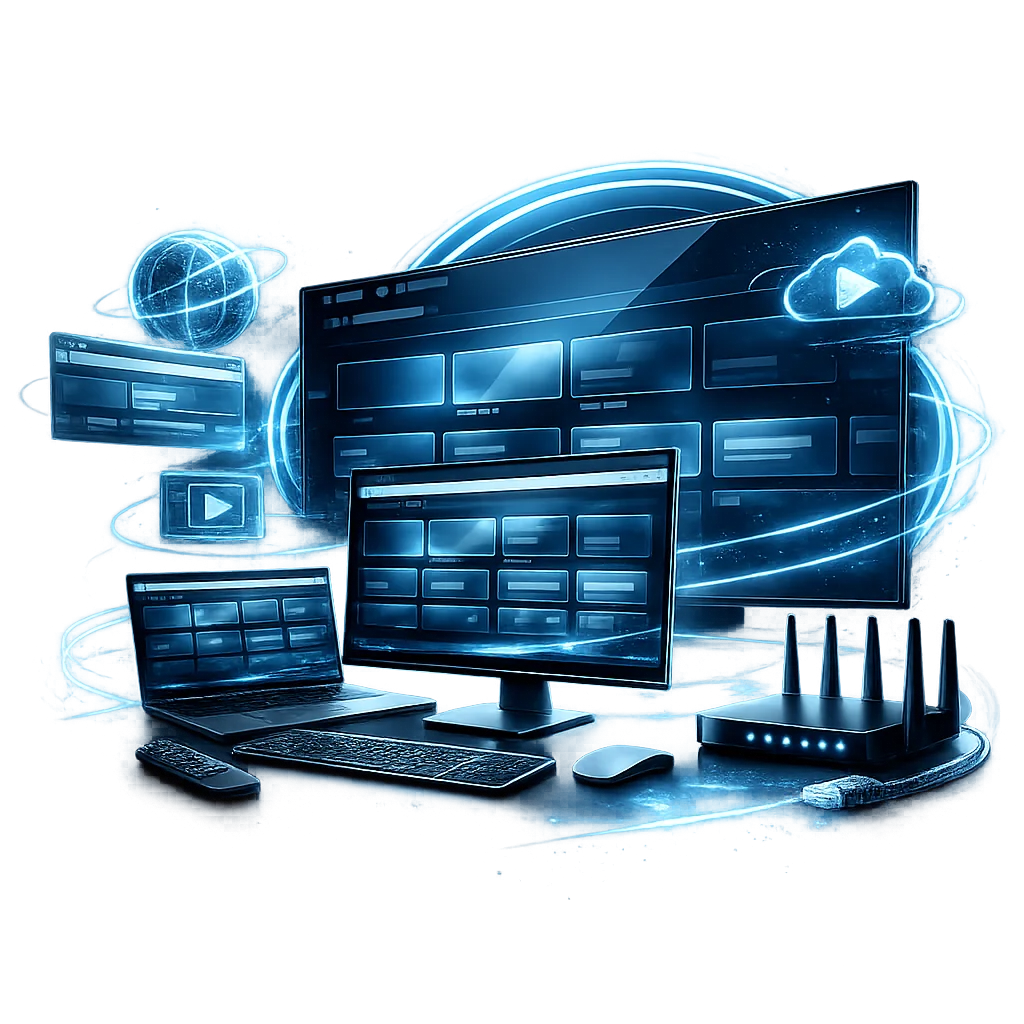 Web Browser IPTV Setup Guide Desktop, laptop and tablet screens connected through a browser-based IPTV setup