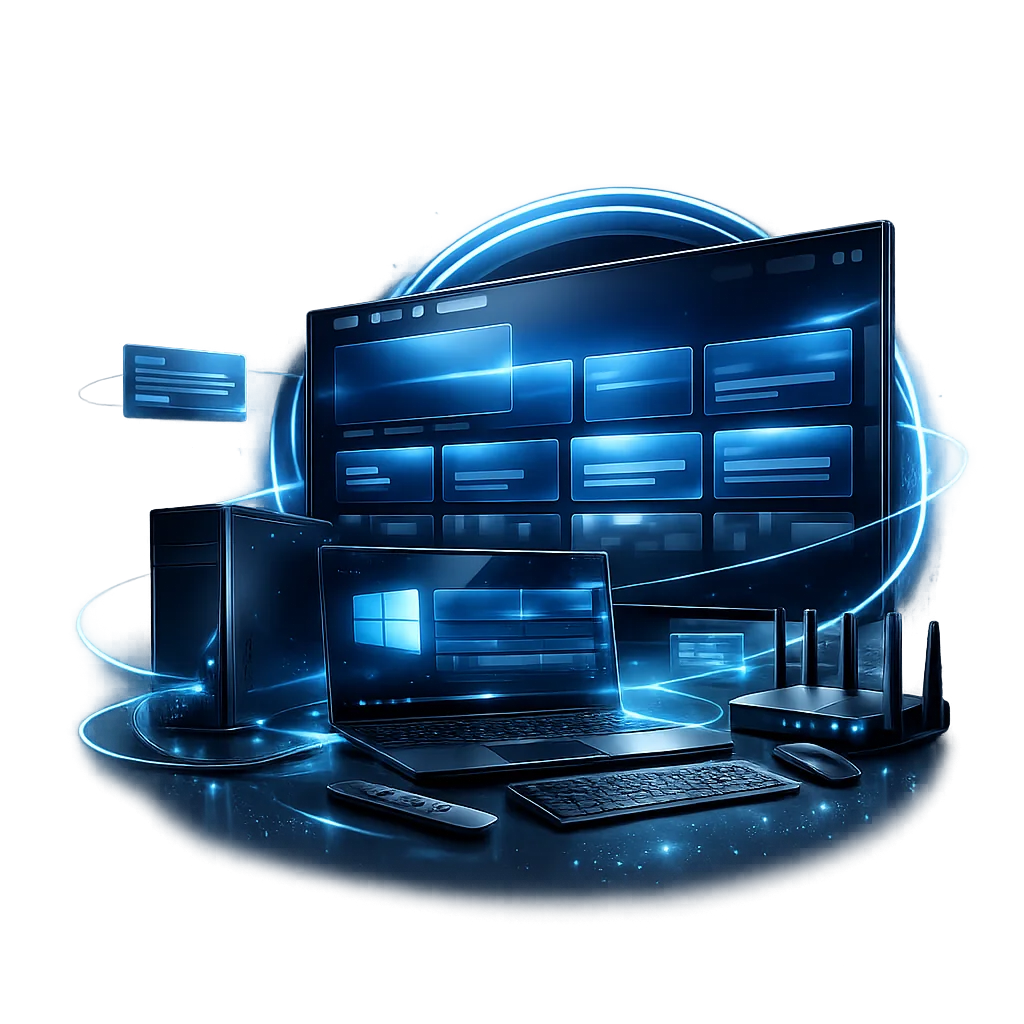 Windows IPTV Setup Guide Windows desktop, laptop and television screens connected for IPTV setup