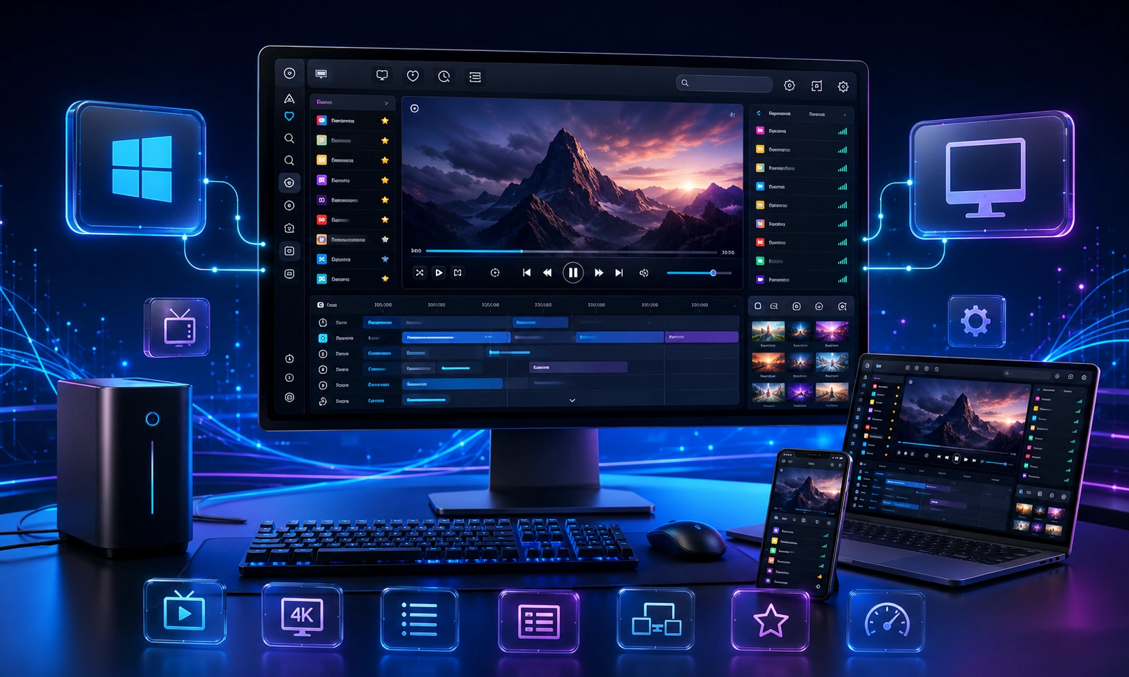 Illustration comparing IPTV player interfaces on Windows and Mac computers