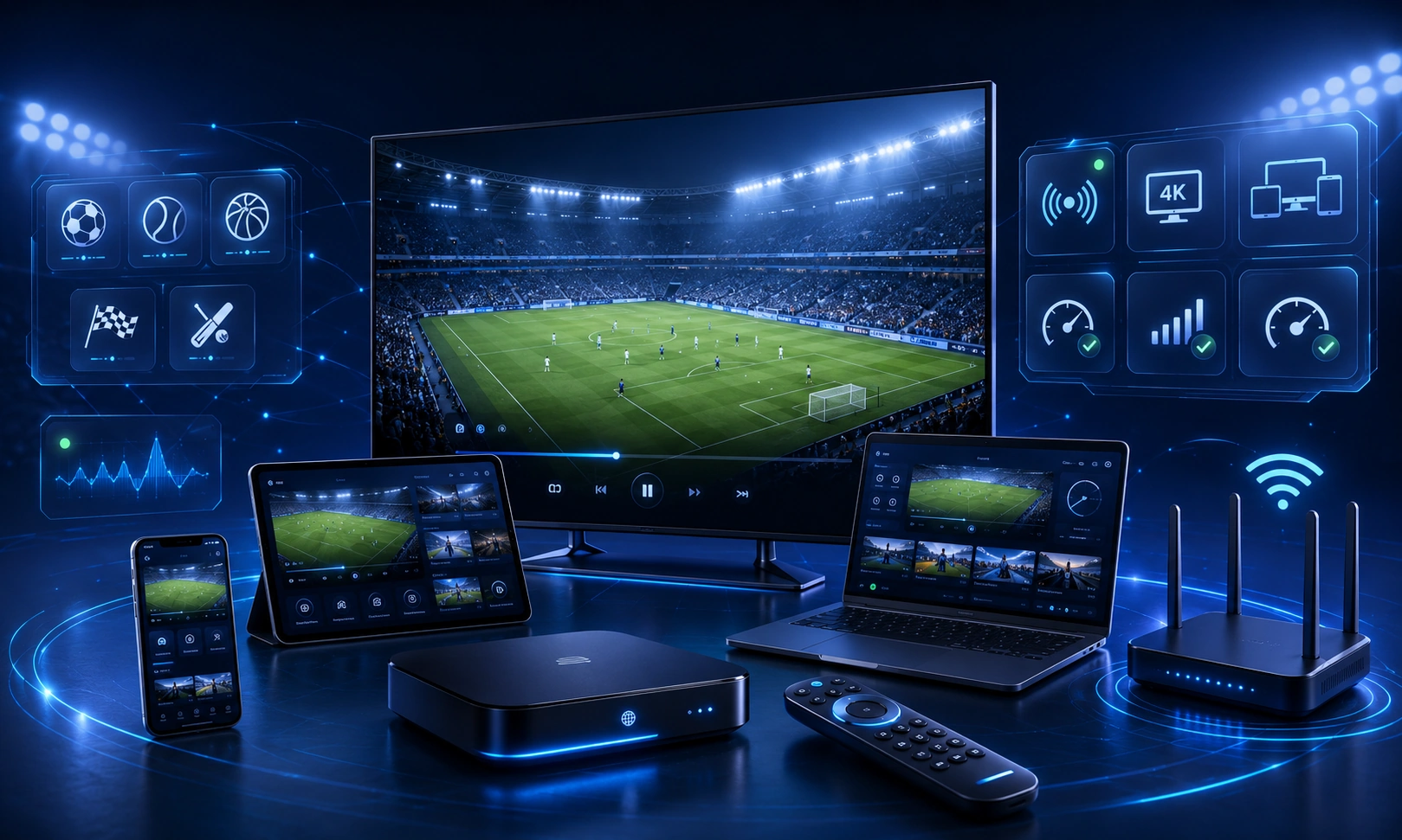 Premium illustration of stable live sports IPTV streaming on televisions and mobile devices