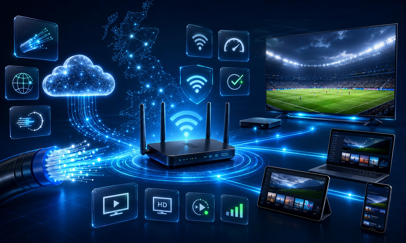 Illustration of broadband internet supporting smooth IPTV streaming on connected devices in the UK