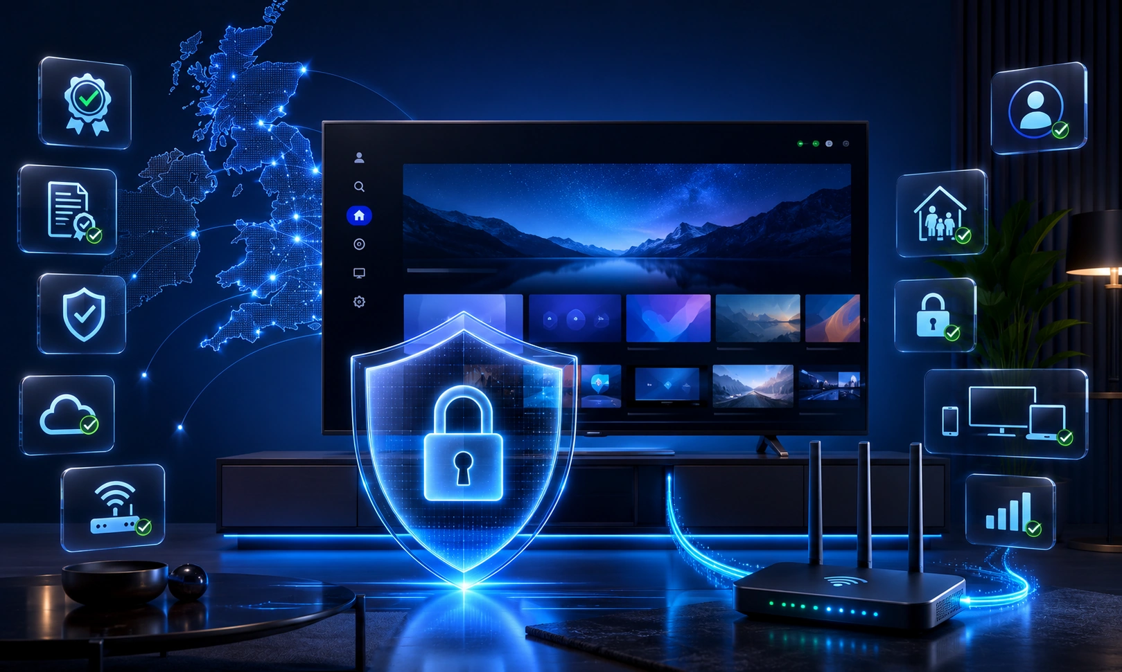 Illustration representing lawful IPTV services and secure television streaming in the United Kingdom