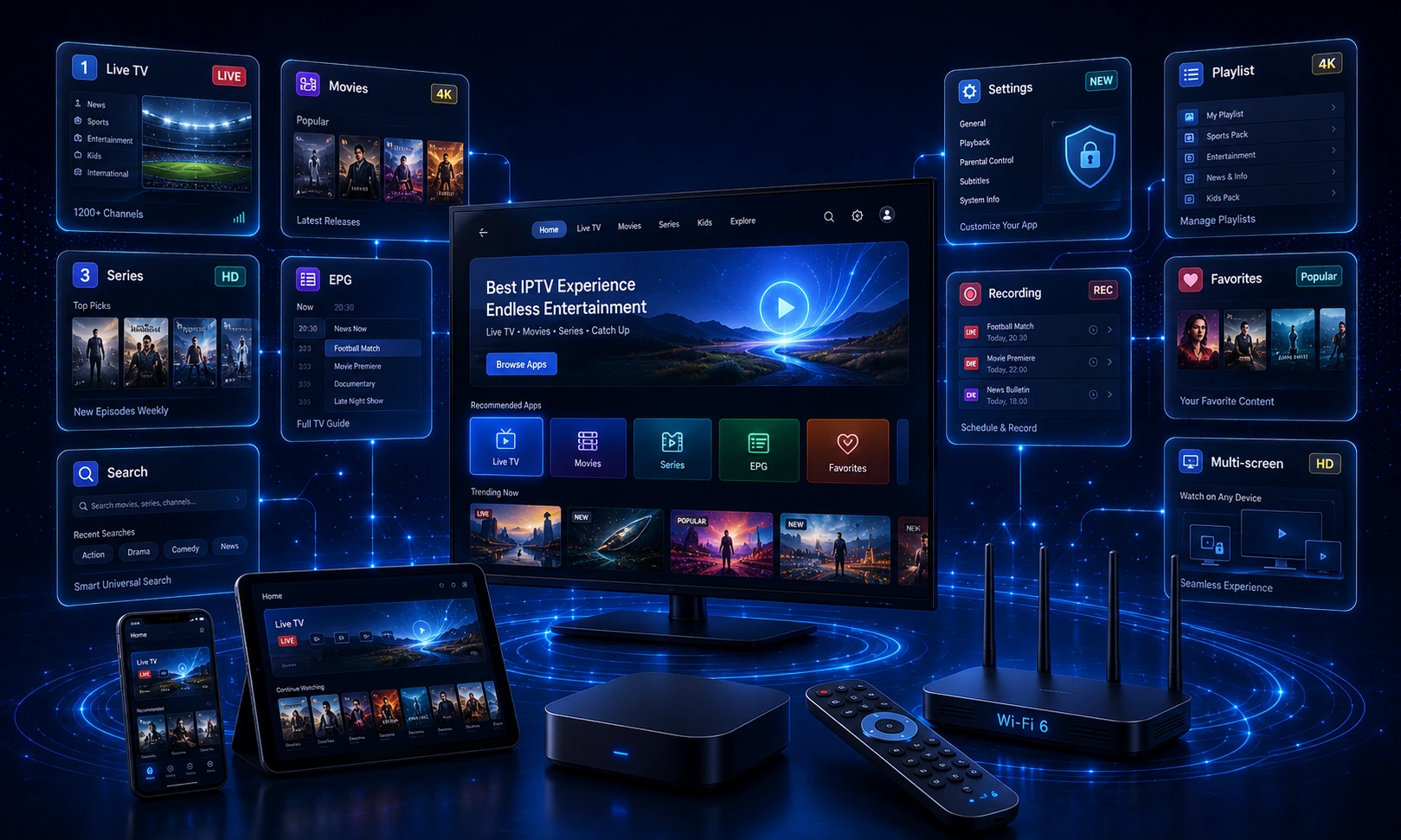 Premium illustration showing IPTV applications on an Android TV interface