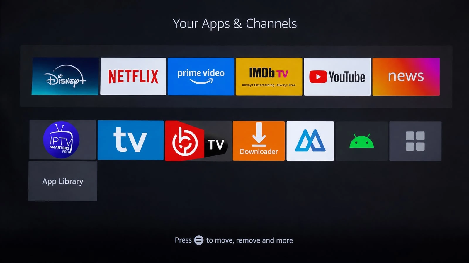 Fire TV Apps and Channels screen showing IPTV player apps alongside streaming services