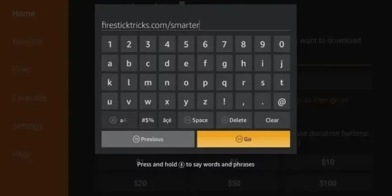 Firestick Downloader app with an IPTV download code entered in the URL field
