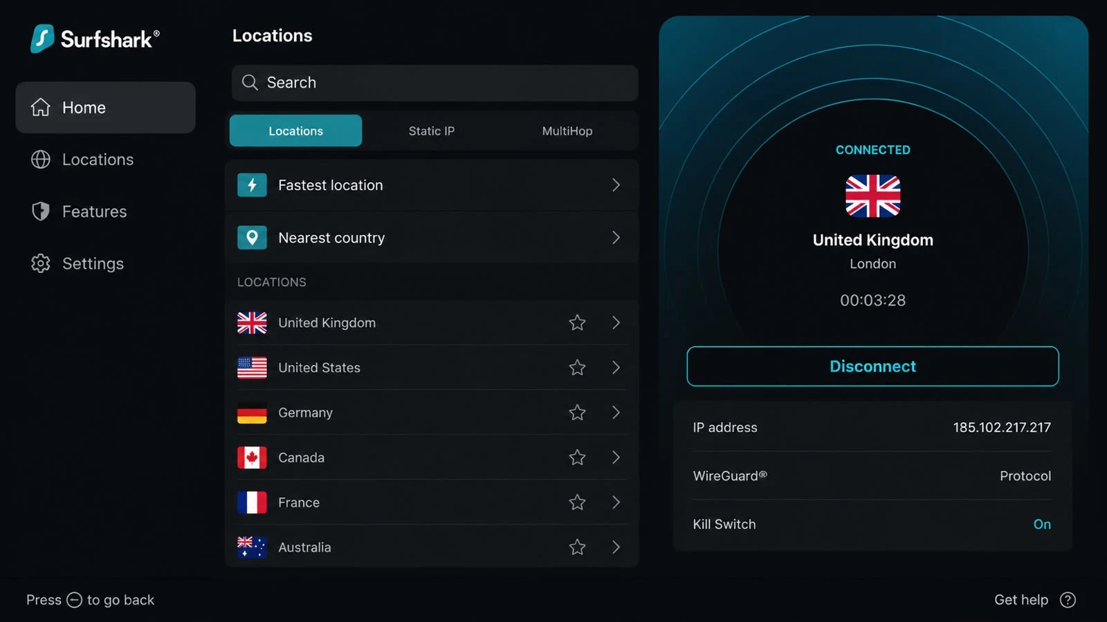 VPN app connected to a UK server on a Firestick