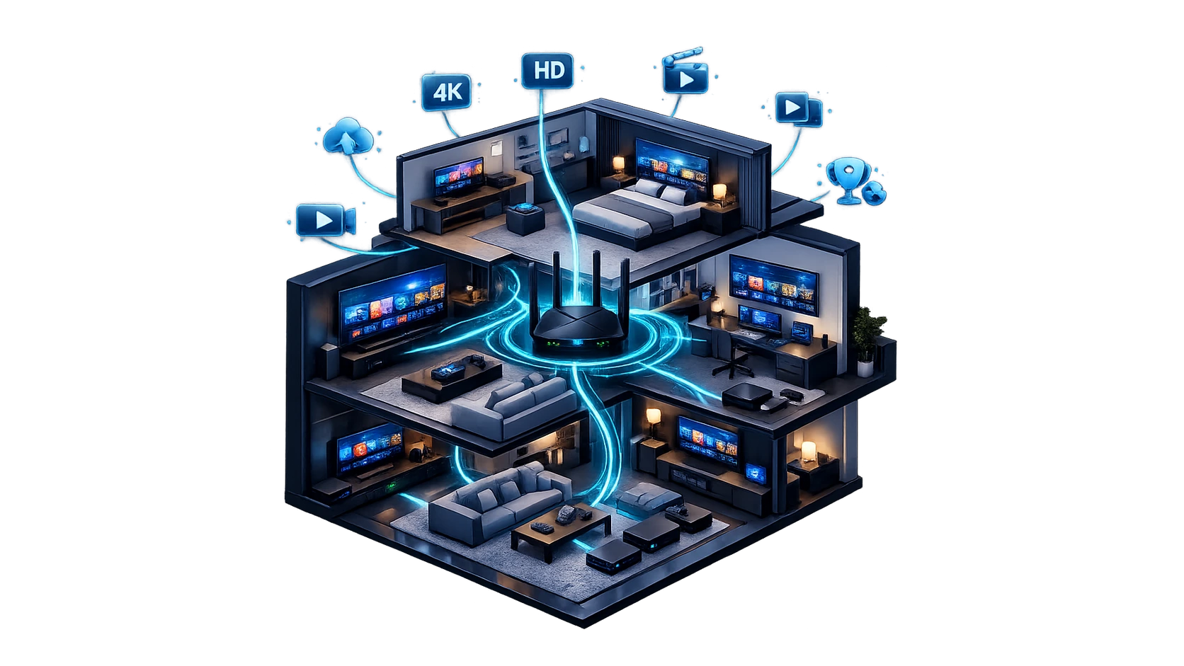 IPTV UK 4K Multi-Device Streaming Isometric multi-room IPTV setup with 4K screens connected across televisions, computers, tablets and phones