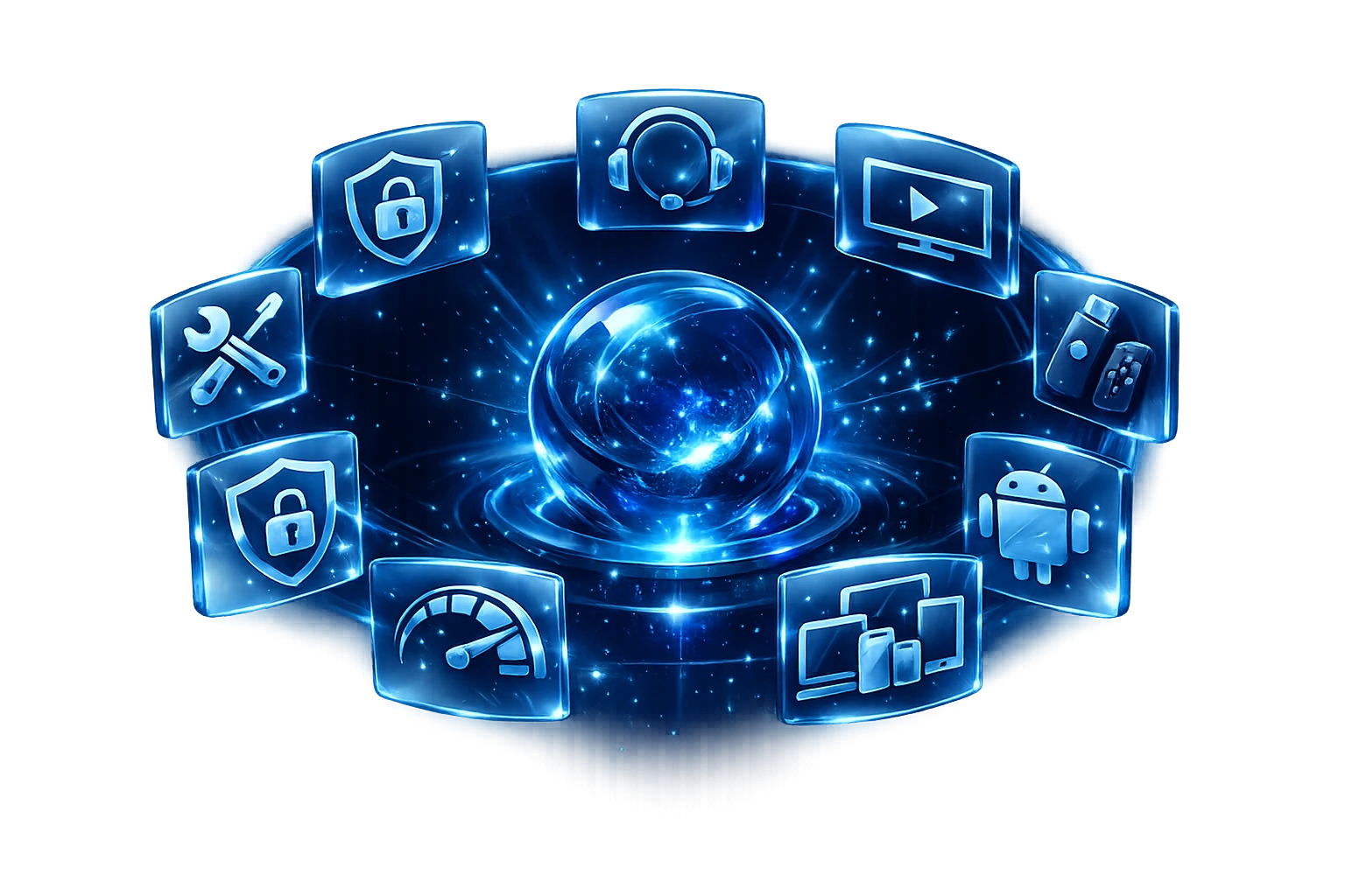 Why choose IPTVUK4K illustration Futuristic IPTV hub illustrating security, support, compatible devices and fast streaming