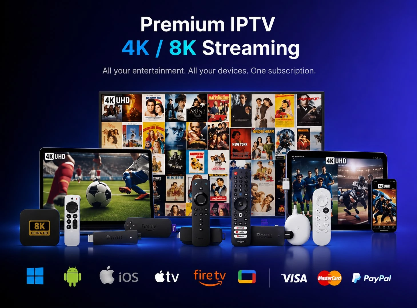 Collage of televisions, mobile devices and UK streaming apps illustrating multi-device IPTV access