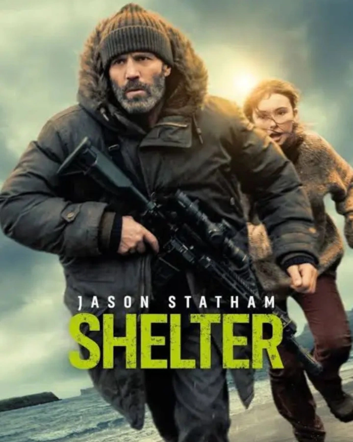 Shelter film poster showing a hooded man standing in front of two other characters