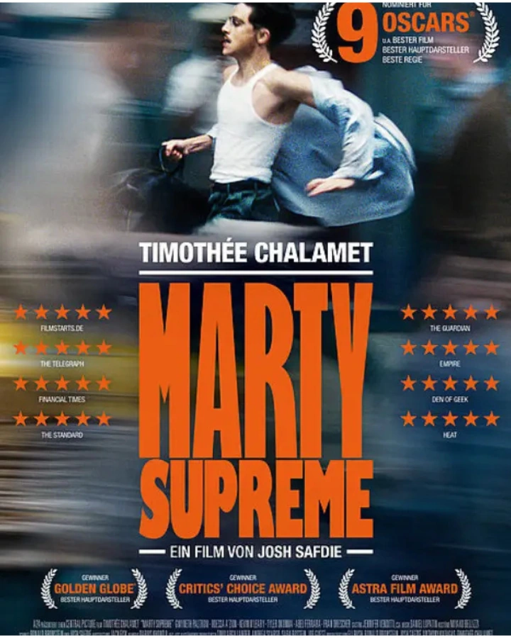 Marty Supreme film poster showing a table tennis player in action