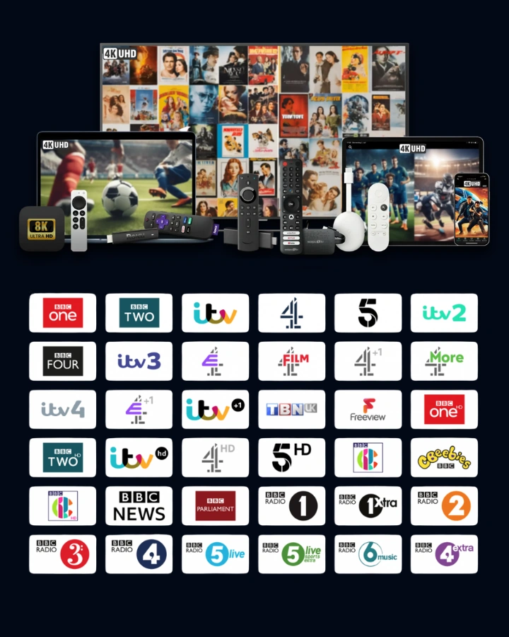 Grid of UK television channel logos displayed beneath connected streaming screens
